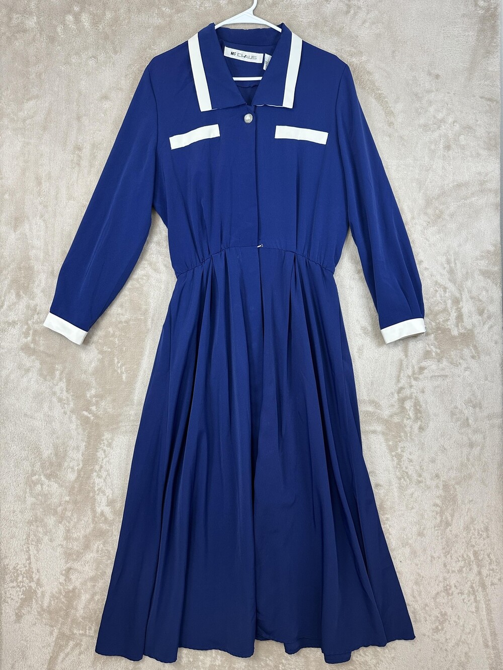 Vintage MS Chaus Blue Fit & Flare Maxi Dress Womens 12 White Trim Collared Retro